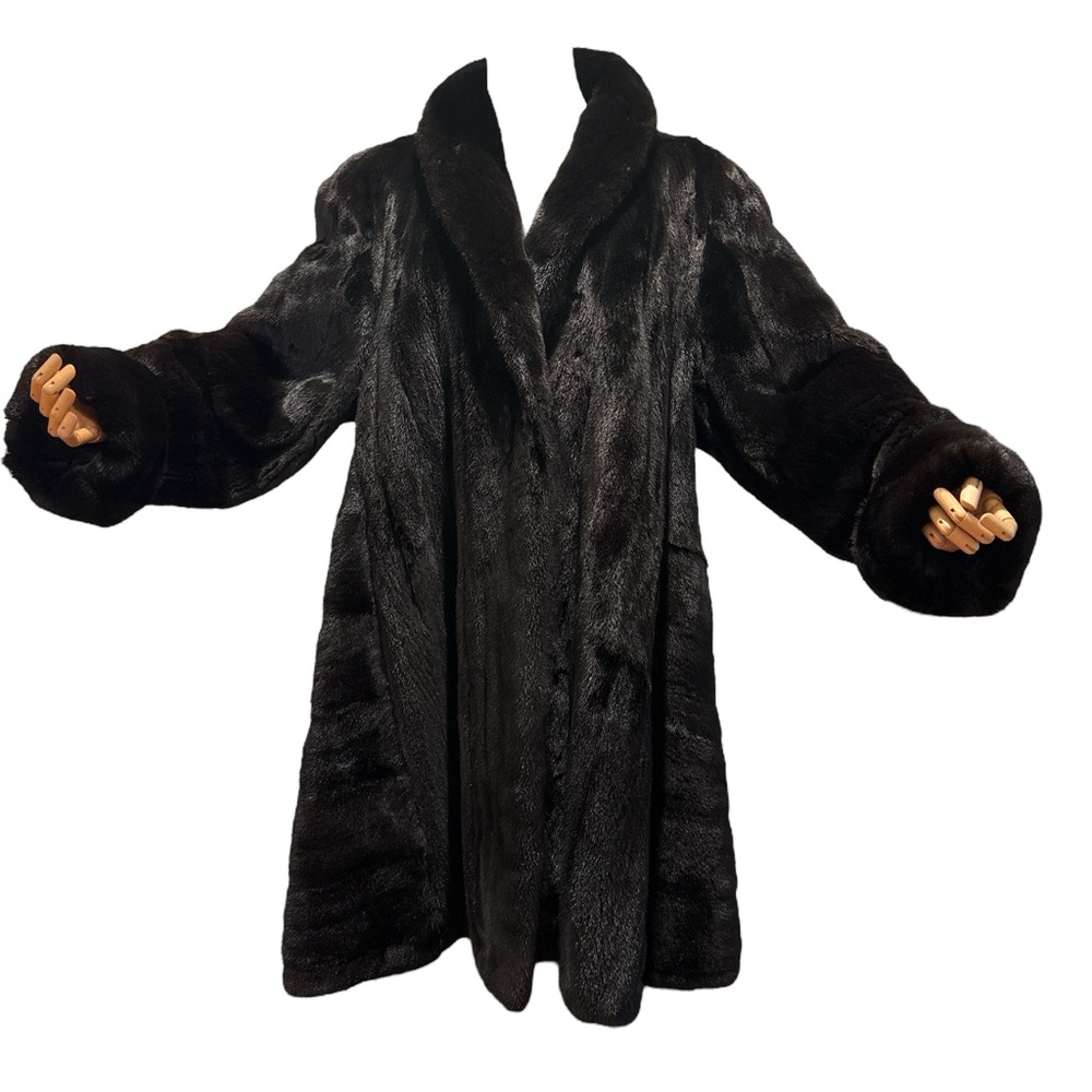 80s BLACK MINK OVERSIZED SWING COAT W RAGLAN SLEEVE VERTICAL & HORIZONTAL DESIGN - Picture 3 of 15